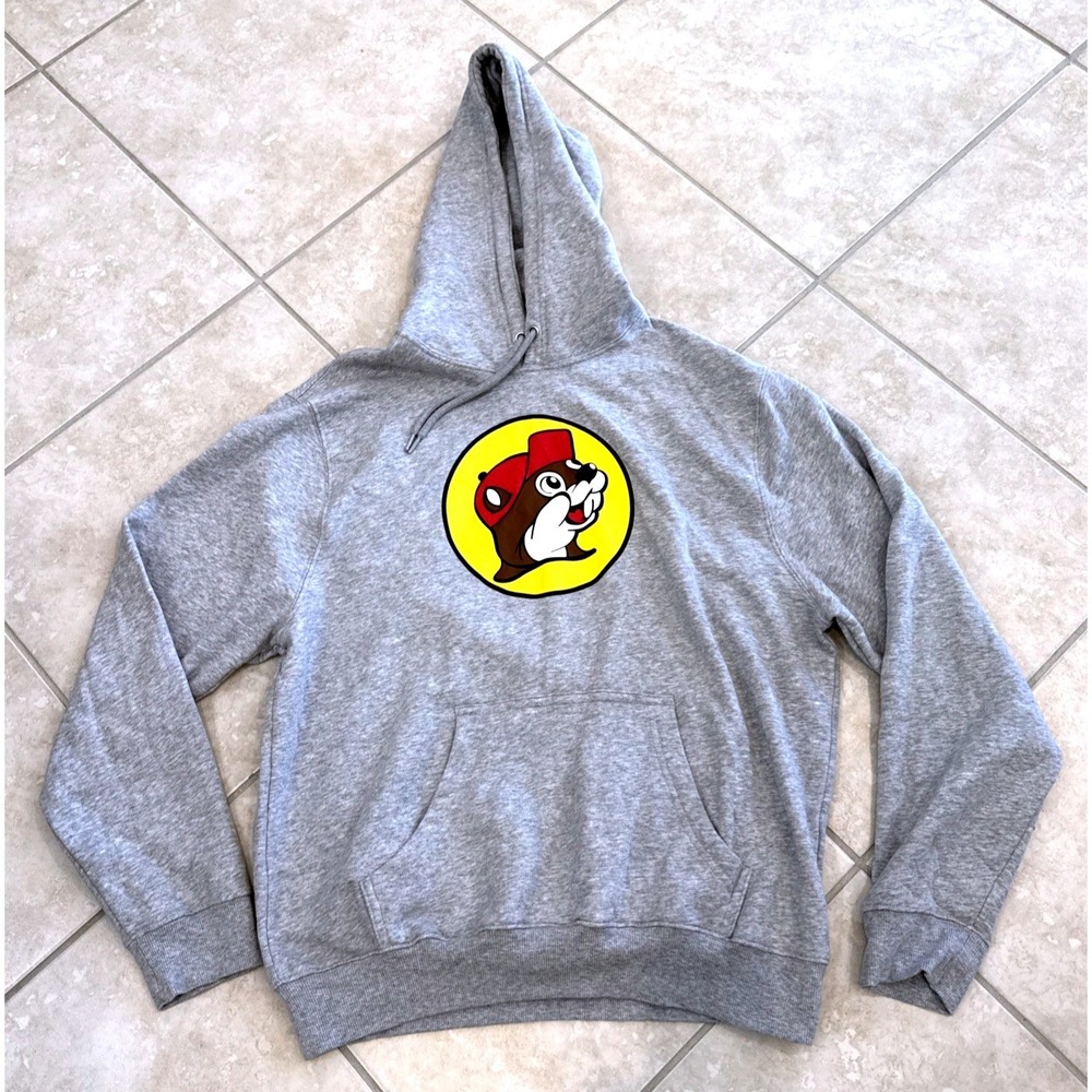 Buc-ee's Mens Heather Gray Beaver Logo Pullover Hoodie Size Large